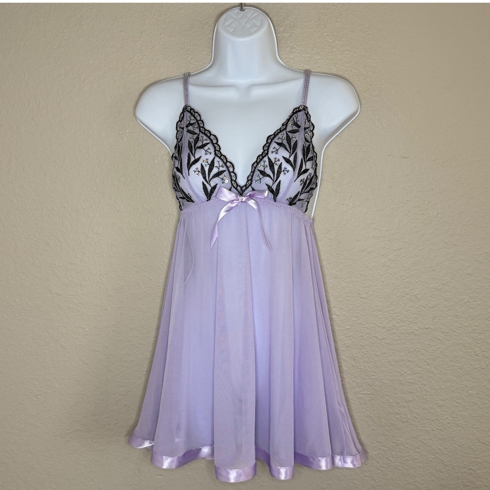 Medium Purple Sheer Mesh Babydoll Dress Fairy Grunge Sequin Bow Dainty Soft Girl